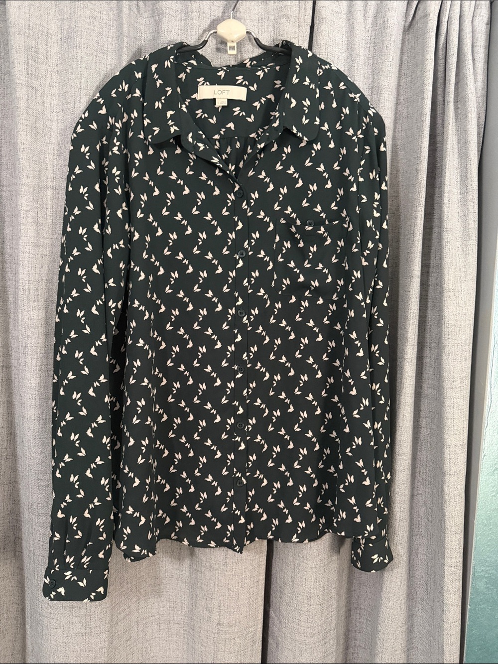 LOFT Forest Green Button-Down Blouse with White Butterfly Print